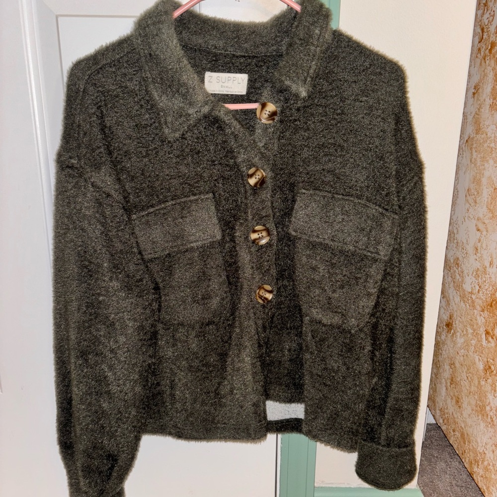 Z Supply/ Army Green, Fuzzy Cropped Sweater